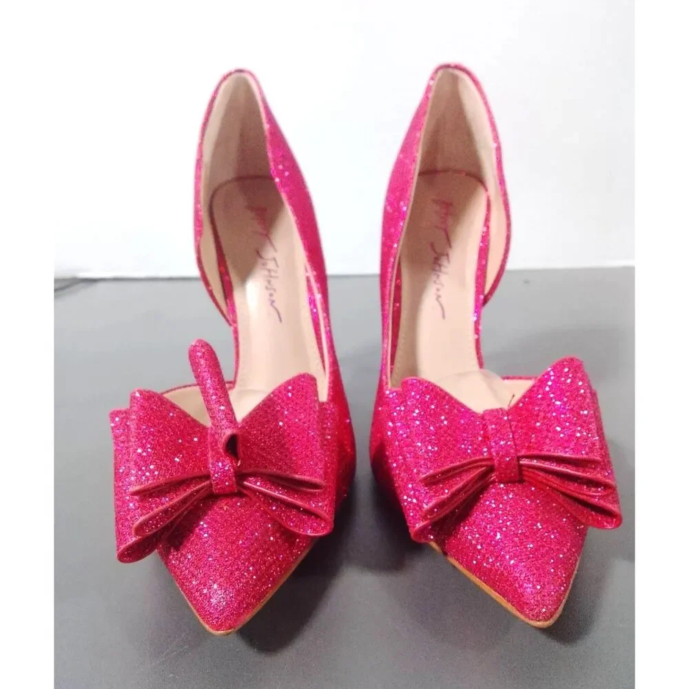 EUC Betsey Johnson Prince D'Orsay Pumps Pink All Over Glitter Bow Heels Size 7 - Picture 3 of 6